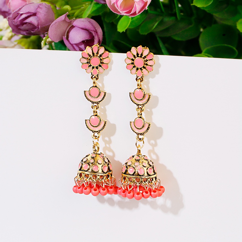 Indian Wedding Supply - Etnische Lange Roze Bloem Jhumka Oorbellen